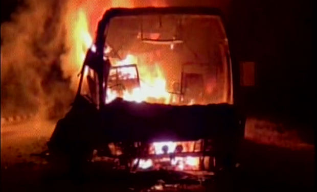 The Volvo bus that charred 44 to death when it caught fire after hitting a culvert at Vanarpathy village in Kothakota mandal in Mahbubnagar. The Volvo bus that charred 44 to death when it caught fire after hitting a culvert at Vanarpathy village in Kothakota mandal in Mahbubnagar.